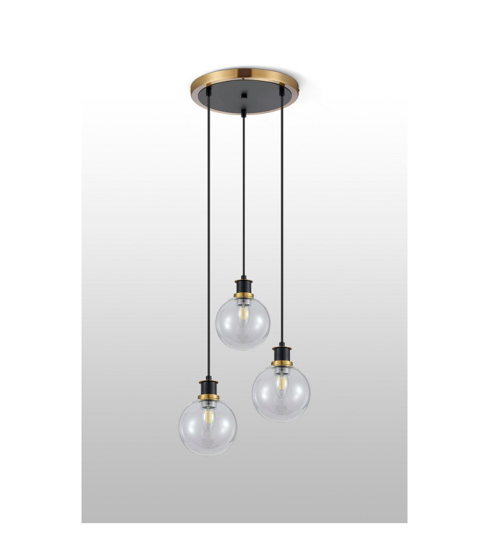 Placid 38cm Round Pendant 3 Light E14 15cm Round Glass Shade Brass Clear & Satin Black-7