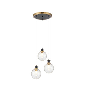 Placid 38cm Round Pendant 3 Light E14 15cm Round Crackled Glass Shade Brass Clear & Satin Black-1