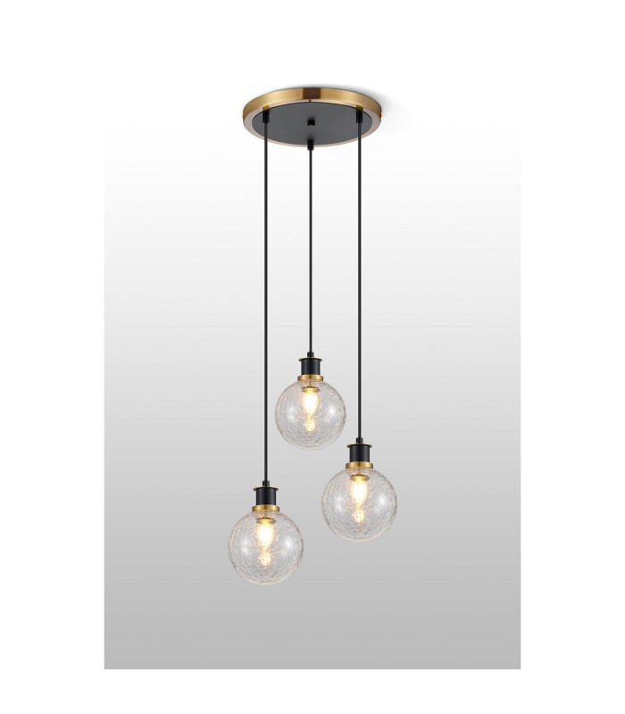 Placid 38cm Round Pendant 3 Light E14 15cm Round Crackled Glass Shade Brass Clear & Satin Black-3