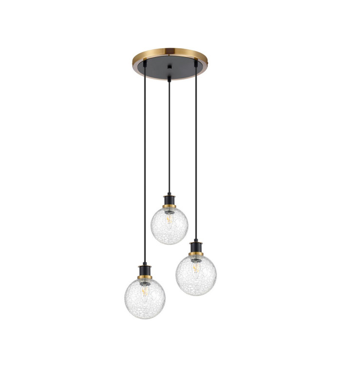 Placid 38cm Round Pendant 3 Light E14 15cm Round Crackled Glass Shade Brass Clear & Satin Black-4