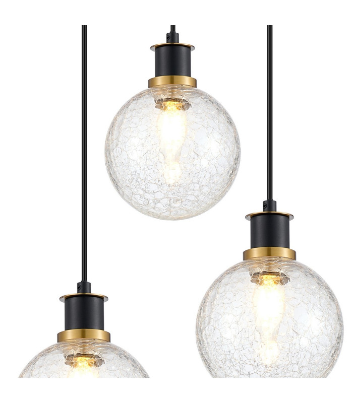 Placid 38cm Round Pendant 3 Light E14 15cm Round Crackled Glass Shade Brass Clear & Satin Black-6