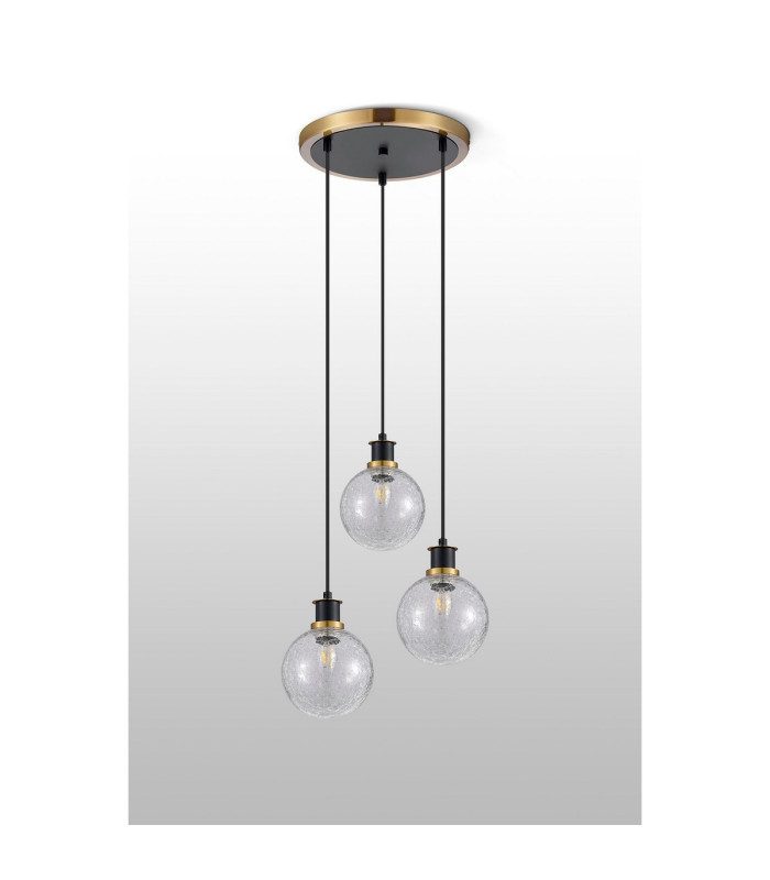 Placid 38cm Round Pendant 3 Light E14 15cm Round Crackled Glass Shade Brass Clear & Satin Black-7
