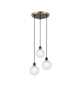 Placid 38cm Round Pendant 3 Light E14 15cm Round Textured Crumple Glass Shade Brass Clear & Satin Black-1