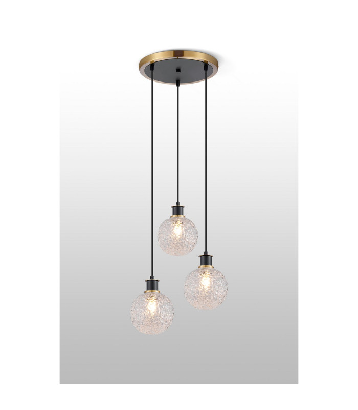 Placid 38cm Round Pendant 3 Light E14 15cm Round Textured Crumple Glass Shade Brass Clear & Satin Black-3