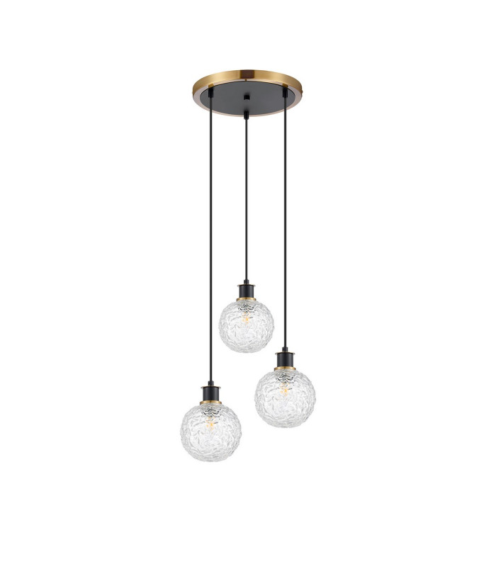 Placid 38cm Round Pendant 3 Light E14 15cm Round Textured Crumple Glass Shade Brass Clear & Satin Black-4