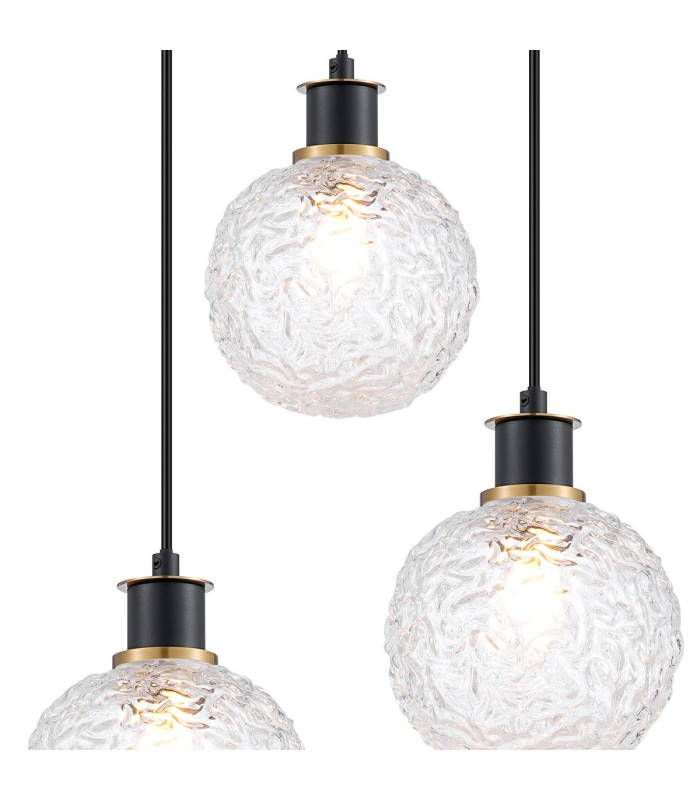 Placid 38cm Round Pendant 3 Light E14 15cm Round Textured Crumple Glass Shade Brass Clear & Satin Black-6