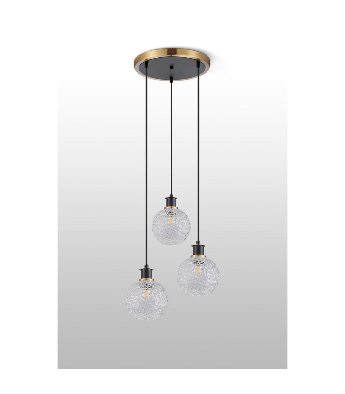 Placid 38cm Round Pendant 3 Light E14 15cm Round Textured Crumple Glass Shade Brass Clear & Satin Black-7