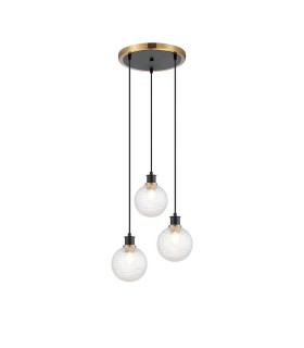 Placid 38cm Round Pendant 3 Light E14 15cm Round Textured Diamond Pattern Glass Shade Brass Clear & Satin Black-1