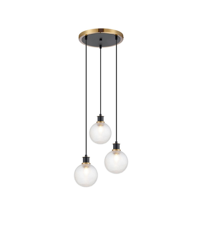 Placid 38cm Round Pendant 3 Light E14 15cm Round Textured Diamond Pattern Glass Shade Brass Clear & Satin Black-1