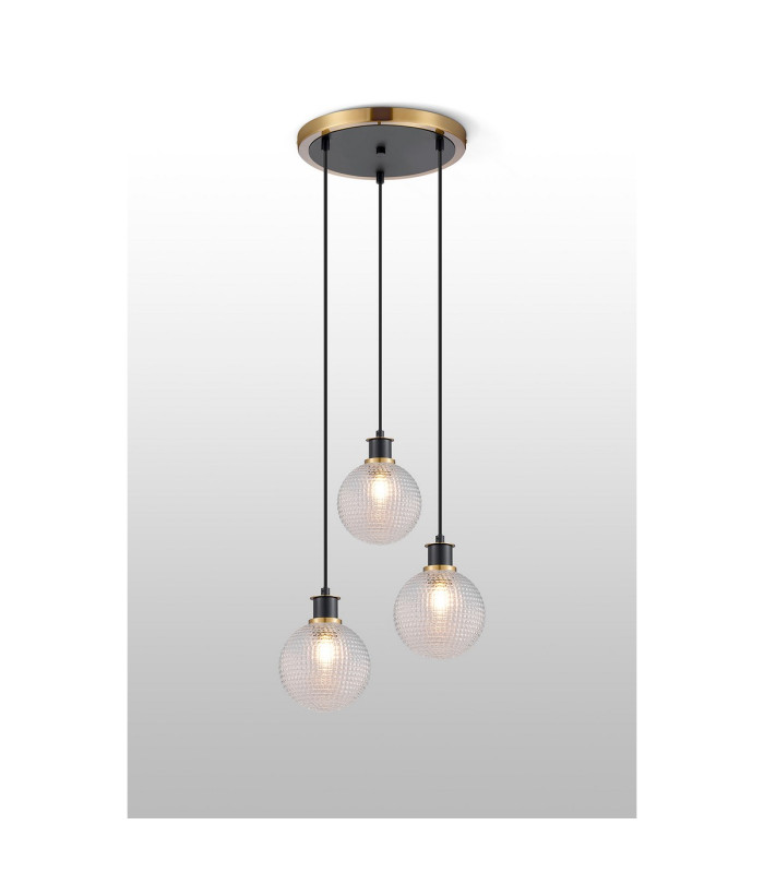 Placid 38cm Round Pendant 3 Light E14 15cm Round Textured Diamond Pattern Glass Shade Brass Clear & Satin Black-3