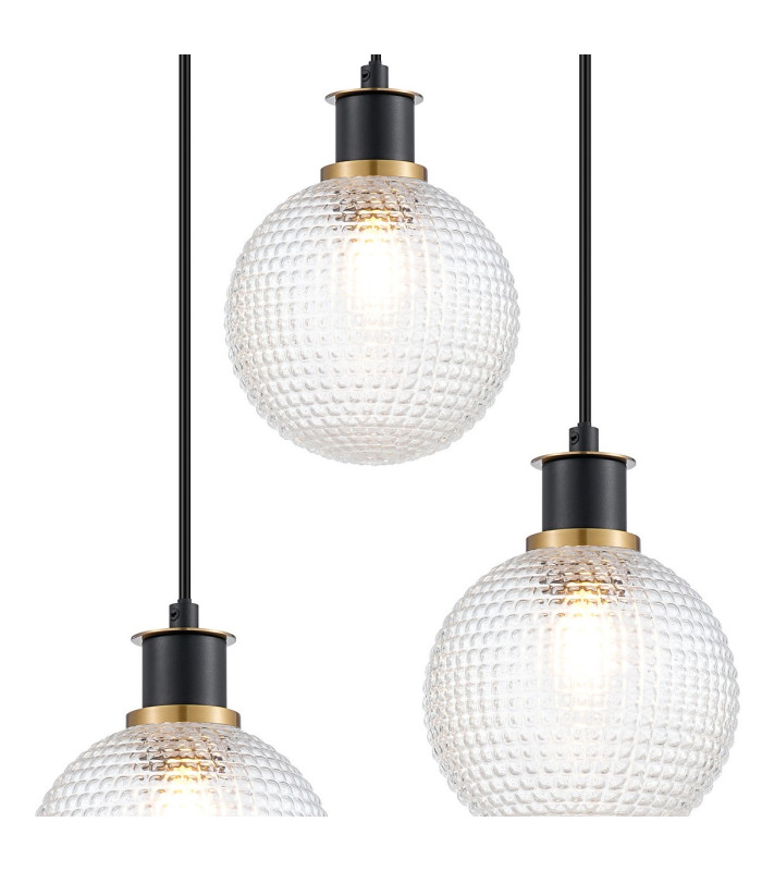 Placid 38cm Round Pendant 3 Light E14 15cm Round Textured Diamond Pattern Glass Shade Brass Clear & Satin Black-6