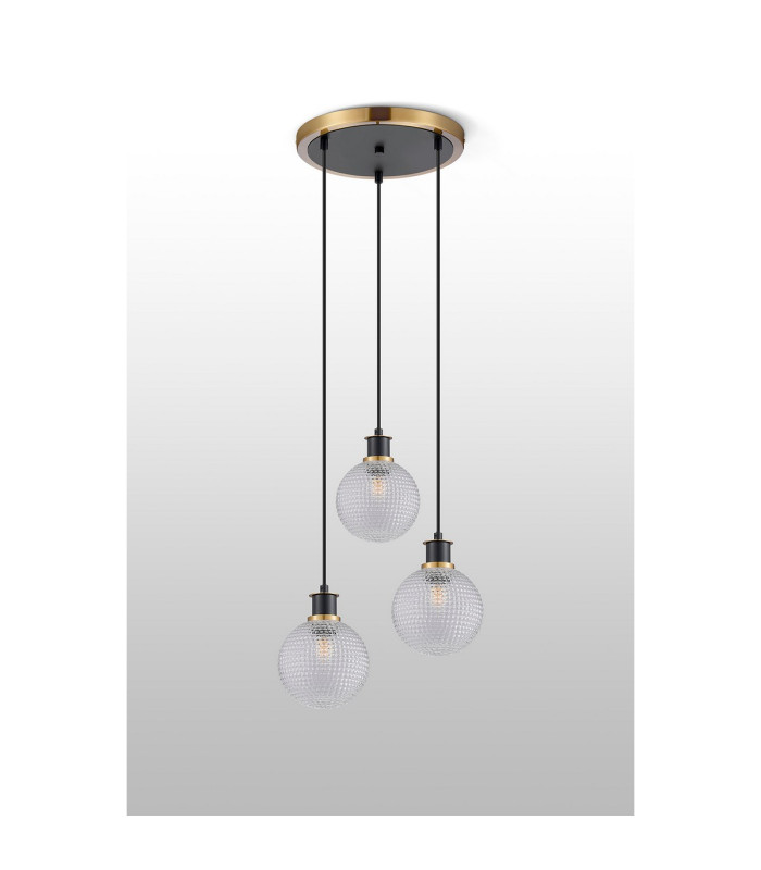 Placid 38cm Round Pendant 3 Light E14 15cm Round Textured Diamond Pattern Glass Shade Brass Clear & Satin Black-7