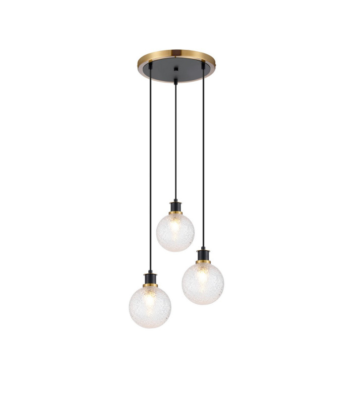 Placid 38cm Round Pendant 3 Light E14 15cm Round Dimpled Glass Shade Brass Clear & Satin Black-1
