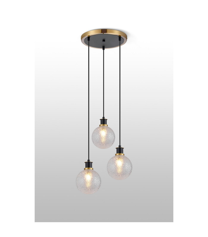 Placid 38cm Round Pendant 3 Light E14 15cm Round Dimpled Glass Shade Brass Clear & Satin Black-3