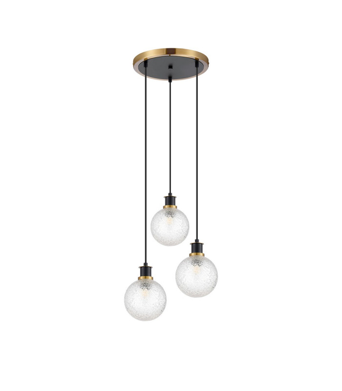 Placid 38cm Round Pendant 3 Light E14 15cm Round Dimpled Glass Shade Brass Clear & Satin Black-4