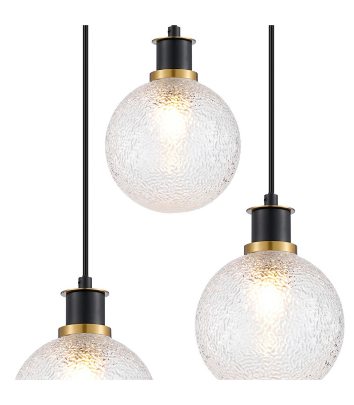 Placid 38cm Round Pendant 3 Light E14 15cm Round Dimpled Glass Shade Brass Clear & Satin Black-6