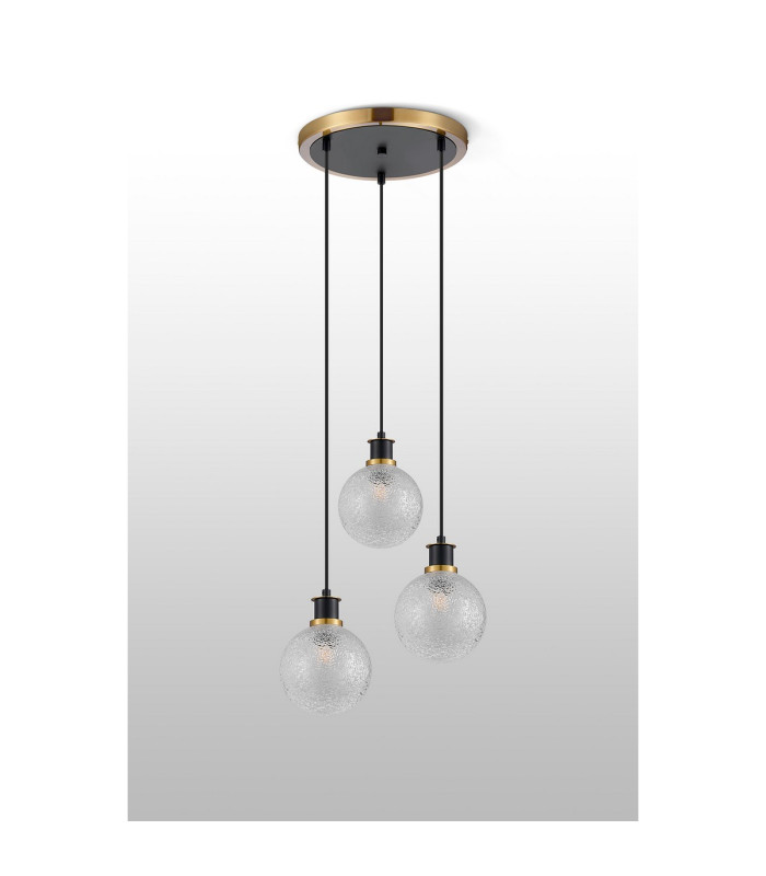 Placid 38cm Round Pendant 3 Light E14 15cm Round Dimpled Glass Shade Brass Clear & Satin Black-7