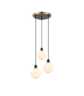 Placid 38cm Round Pendant 3 Light E14 15cm Round White & Grey Marble Effect Glass Shade Brass & Satin Black Framework-1