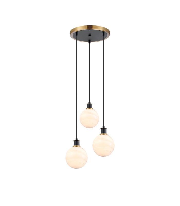 Placid 38cm Round Pendant 3 Light E14 15cm Round White & Grey Marble Effect Glass Shade Brass & Satin Black Framework-1