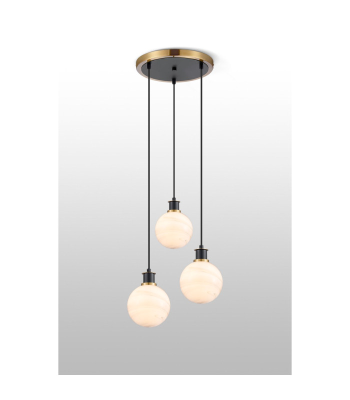 Placid 38cm Round Pendant 3 Light E14 15cm Round White & Grey Marble Effect Glass Shade Brass & Satin Black Framework-3
