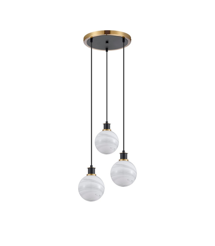 Placid 38cm Round Pendant 3 Light E14 15cm Round White & Grey Marble Effect Glass Shade Brass & Satin Black Framework-4