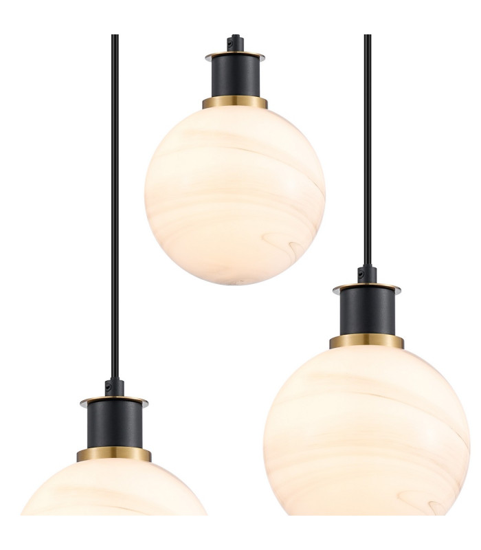 Placid 38cm Round Pendant 3 Light E14 15cm Round White & Grey Marble Effect Glass Shade Brass & Satin Black Framework-6