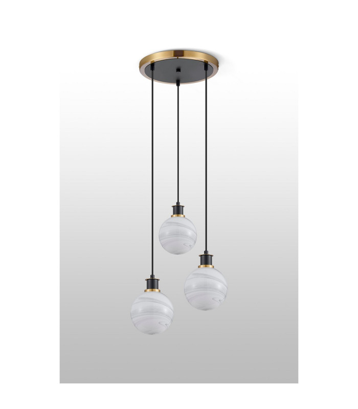 Placid 38cm Round Pendant 3 Light E14 15cm Round White & Grey Marble Effect Glass Shade Brass & Satin Black Framework-7