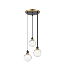 Placid 38cm Round Pendant 3 Light E14 15cm Round Textured Melting Glass Shade Brass Clear & Satin Black-1