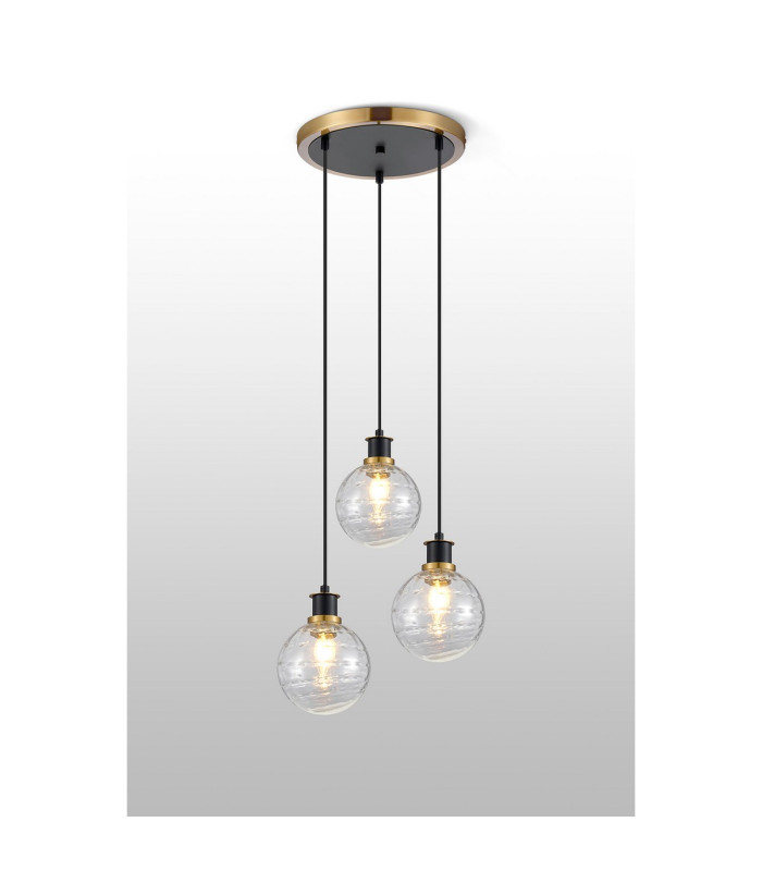 Placid 38cm Round Pendant 3 Light E14 15cm Round Textured Melting Glass Shade Brass Clear & Satin Black-3