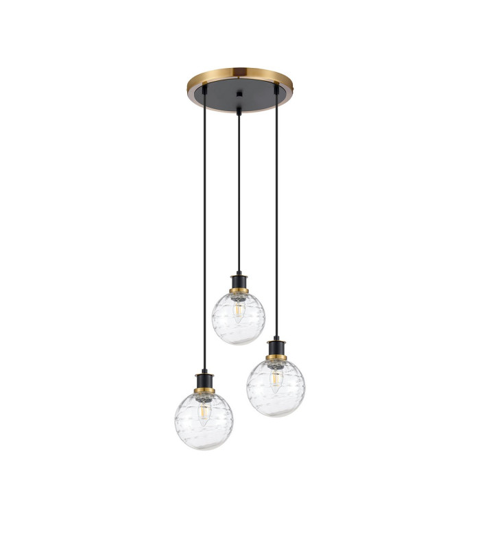 Placid 38cm Round Pendant 3 Light E14 15cm Round Textured Melting Glass Shade Brass Clear & Satin Black-4