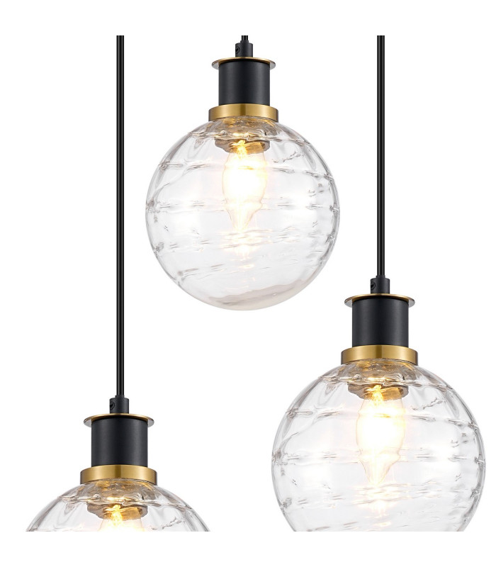 Placid 38cm Round Pendant 3 Light E14 15cm Round Textured Melting Glass Shade Brass Clear & Satin Black-6