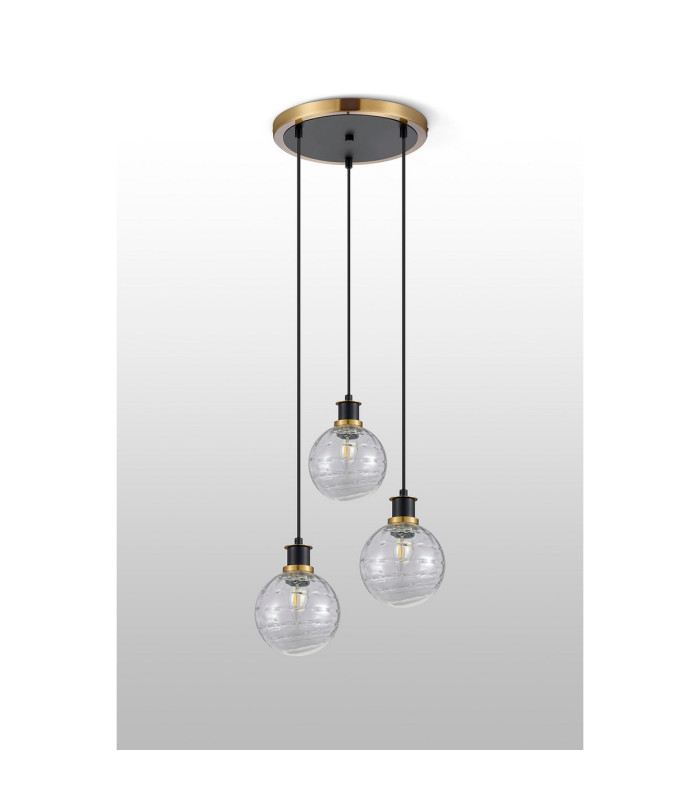 Placid 38cm Round Pendant 3 Light E14 15cm Round Textured Melting Glass Shade Brass Clear & Satin Black-7