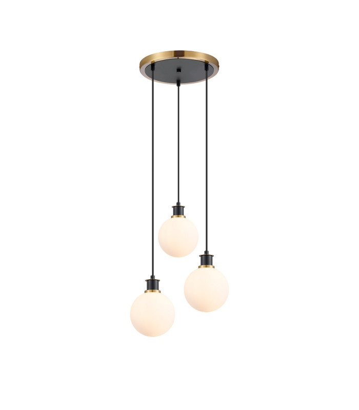 Placid 38cm Round Pendant 3 Light E14 15cm Round Glass Shade Brass Opal & Satin Black-1