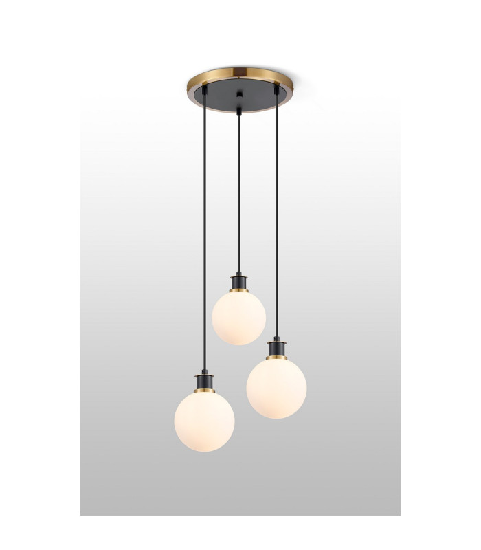 Placid 38cm Round Pendant 3 Light E14 15cm Round Glass Shade Brass Opal & Satin Black-3