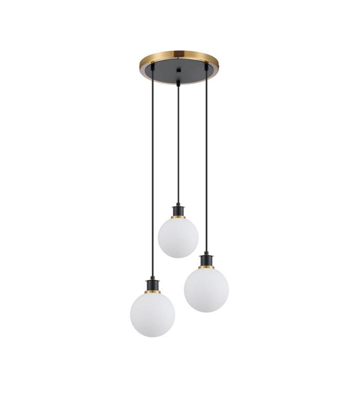 Placid 38cm Round Pendant 3 Light E14 15cm Round Glass Shade Brass Opal & Satin Black-4