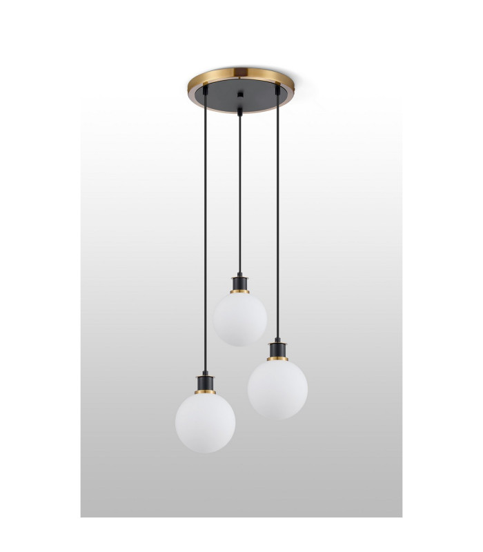 Placid 38cm Round Pendant 3 Light E14 15cm Round Glass Shade Brass Opal & Satin Black-7