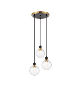 Placid 38cm Round Pendant 3 Light E14 15cm Round Ribbed Glass Shade Brass Clear & Satin Black-1