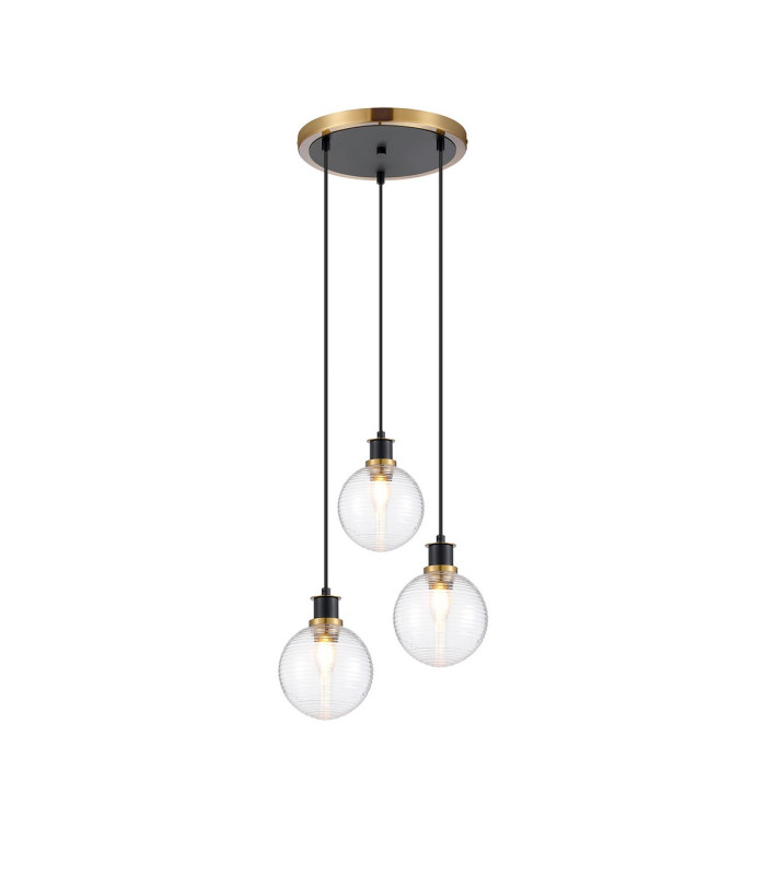 Placid 38cm Round Pendant 3 Light E14 15cm Round Ribbed Glass Shade Brass Clear & Satin Black-1
