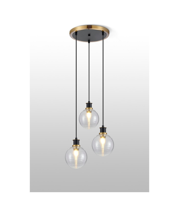 Placid 38cm Round Pendant 3 Light E14 15cm Round Ribbed Glass Shade Brass Clear & Satin Black-3