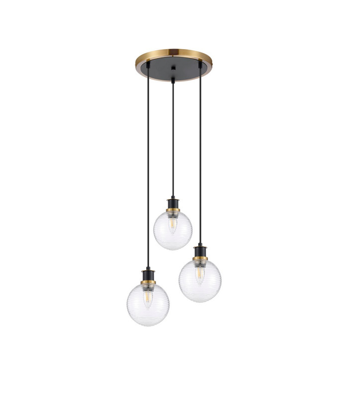 Placid 38cm Round Pendant 3 Light E14 15cm Round Ribbed Glass Shade Brass Clear & Satin Black-4