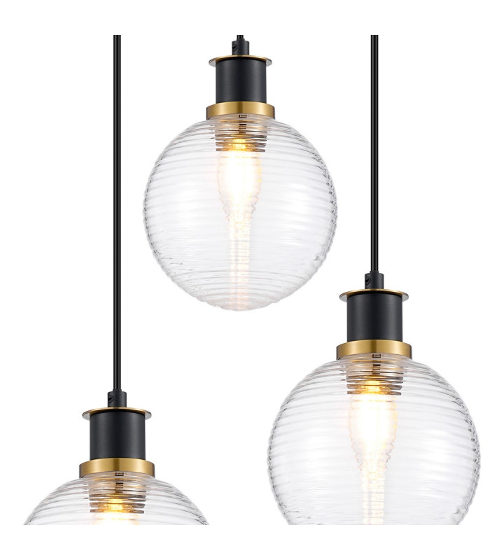 Placid 38cm Round Pendant 3 Light E14 15cm Round Ribbed Glass Shade Brass Clear & Satin Black-6