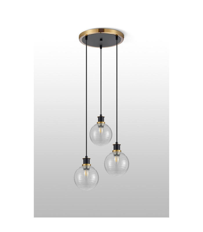 Placid 38cm Round Pendant 3 Light E14 15cm Round Ribbed Glass Shade Brass Clear & Satin Black-7