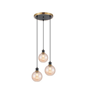 Placid 38cm Round Pendant 3 Light E14 15cm Round Segment Glass Shade Brass Amber Plated & Satin Black-1