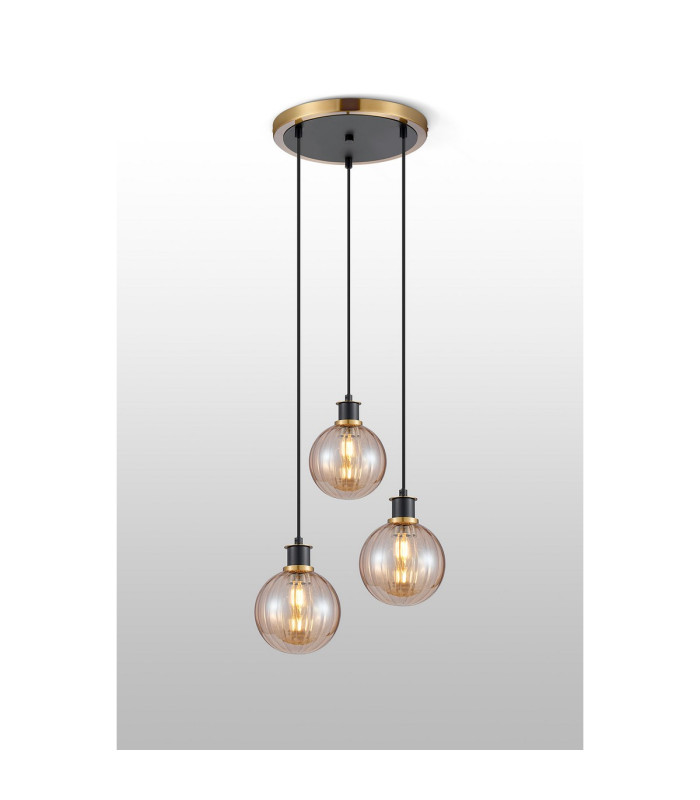 Placid 38cm Round Pendant 3 Light E14 15cm Round Segment Glass Shade Brass Amber Plated & Satin Black-3