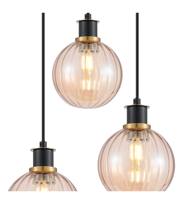 Placid 38cm Round Pendant 3 Light E14 15cm Round Segment Glass Shade Brass Amber Plated & Satin Black-6
