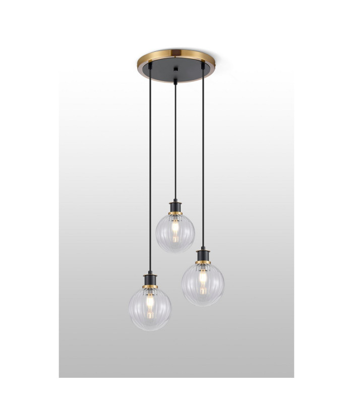 Placid 38cm Round Pendant 3 Light E14 15cm Round Segment Glass Shade Brass Clear & Satin Black-3