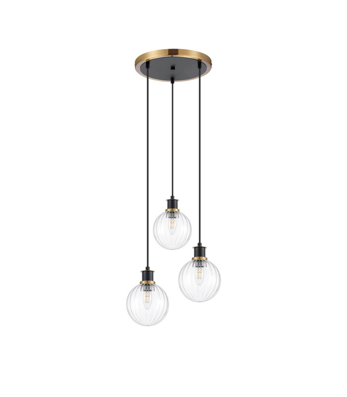 Placid 38cm Round Pendant 3 Light E14 15cm Round Segment Glass Shade Brass Clear & Satin Black-4