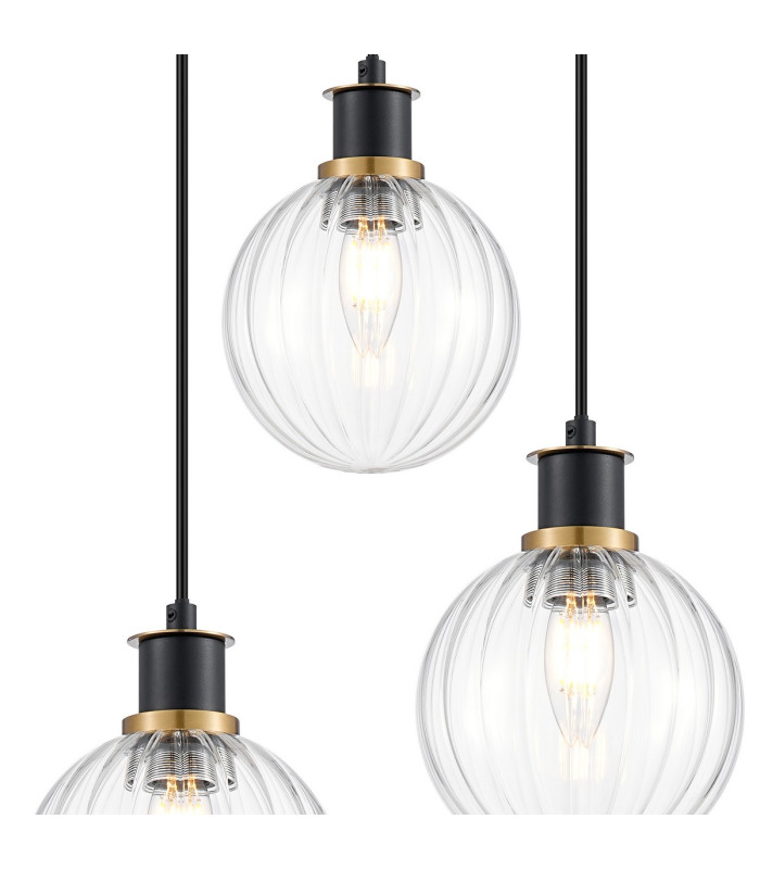 Placid 38cm Round Pendant 3 Light E14 15cm Round Segment Glass Shade Brass Clear & Satin Black-6