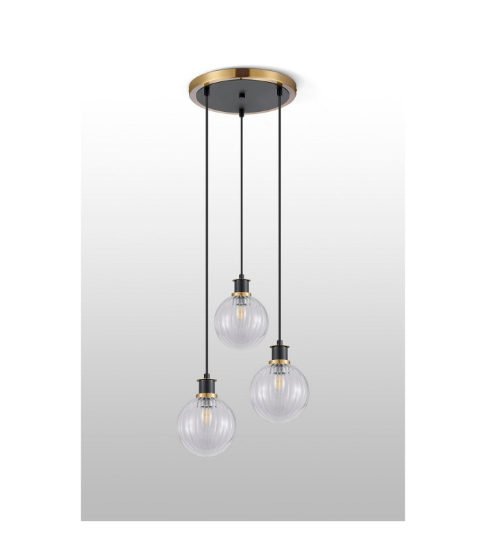 Placid 38cm Round Pendant 3 Light E14 15cm Round Segment Glass Shade Brass Clear & Satin Black-7
