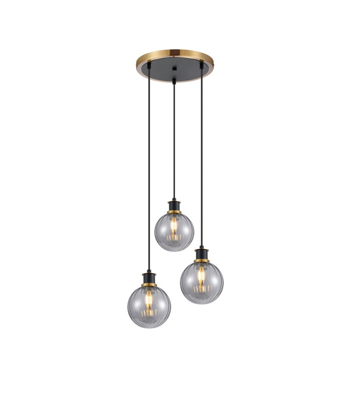 Placid 38cm Round Pendant 3 Light E14 15cm Round Segment Glass Shade Brass Smoke Plated & Satin Black-1
